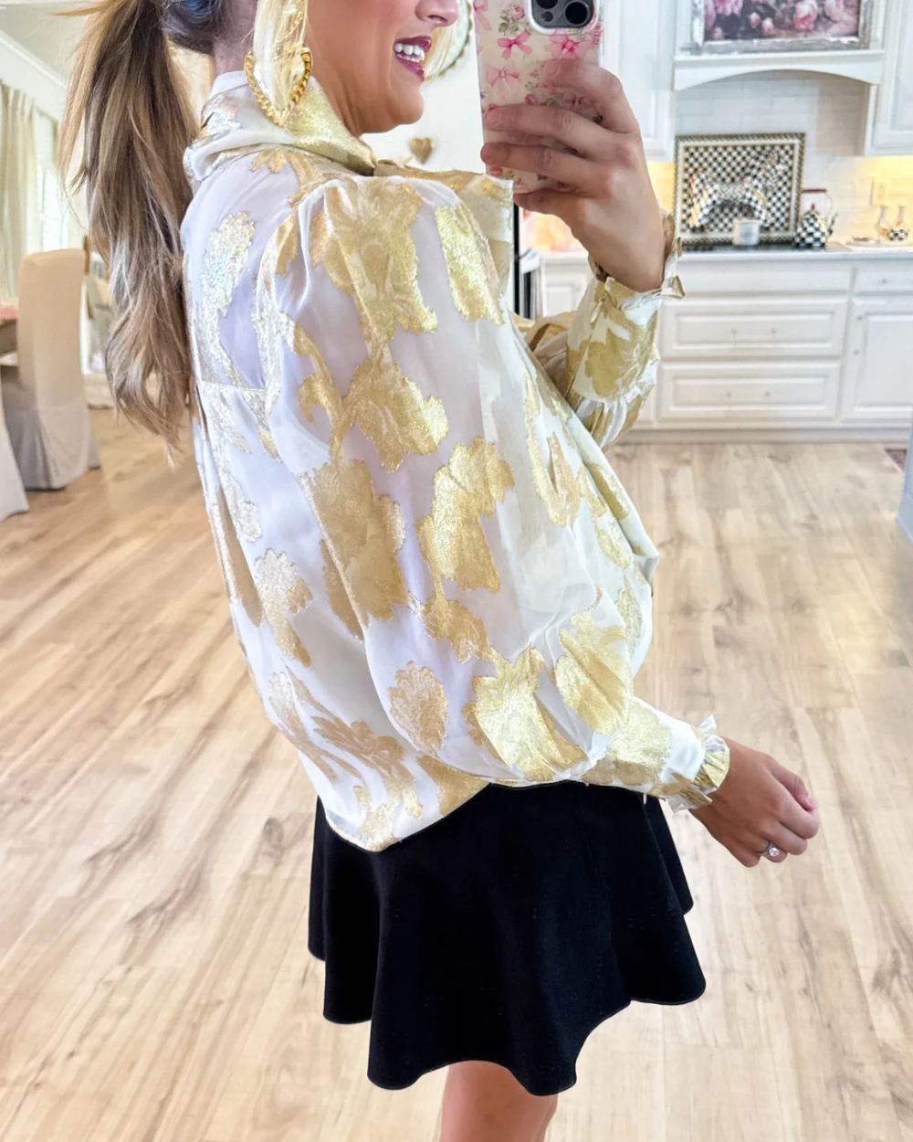 Cream Gold Metallic Jacquard Chiffon Blouse
