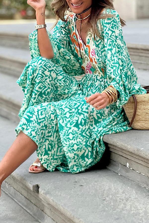 Ledell Green Totem Print V-neck Maxi Dress