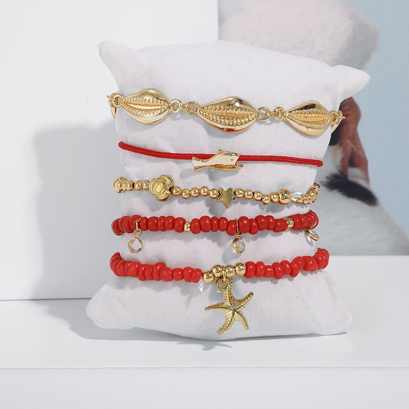 Shell Red Beaded Anklet Set