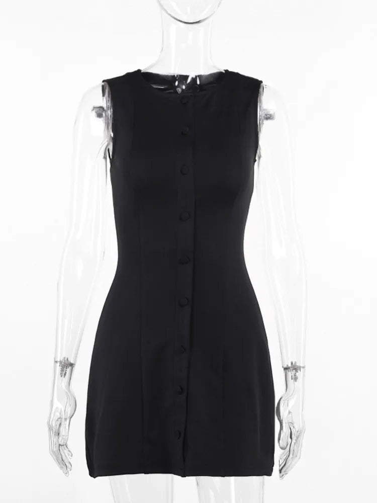 Sleeveless Mini Dress for New O Neck Single-btrasted Bodycon Club Party Tank Dress Femme Clothes