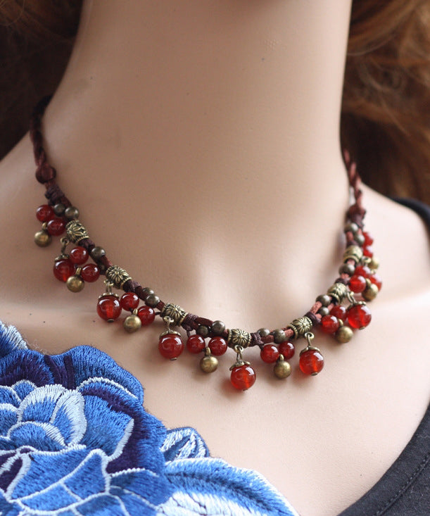 Red Alloy Agate Chalcedony Tassel Graduated Bead Necklace
