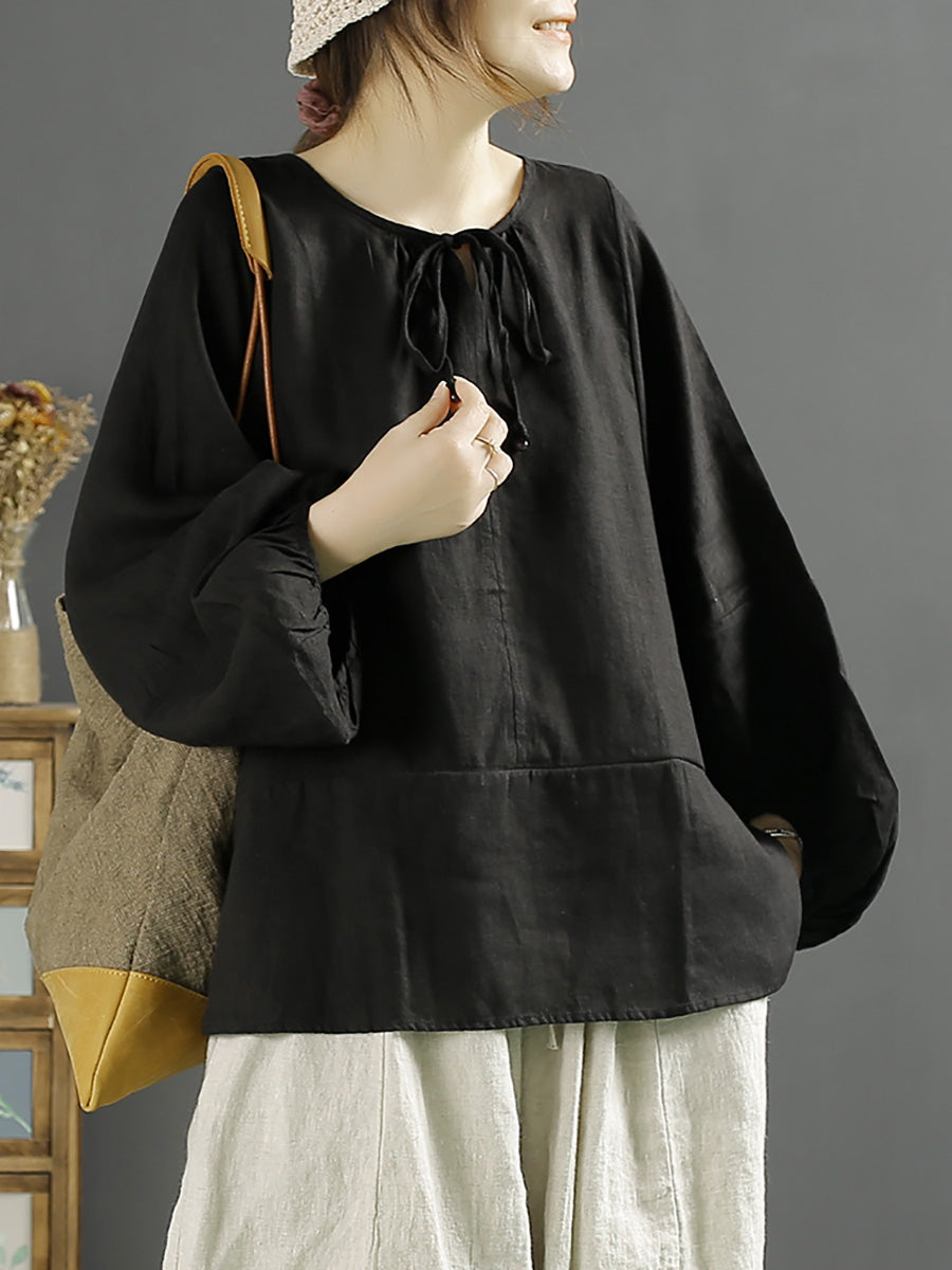Autumn O-neck 100%linen Loose Blouse Ak1001