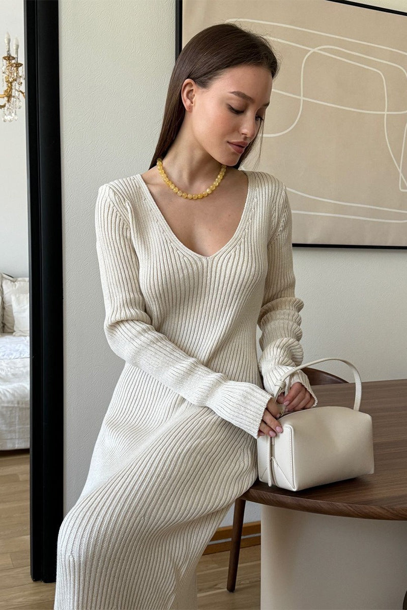 Knit Bodycon V Neck Maxi Dress