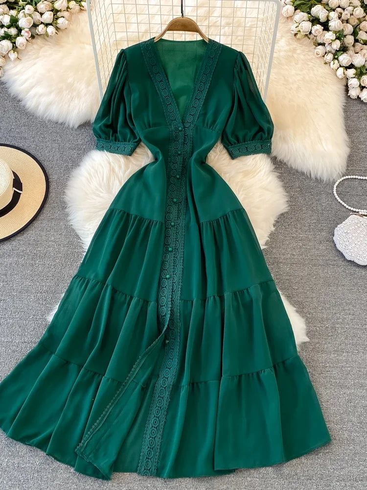 New Party Dress Summer Puff Sleeve V Neck Lace Single-breasted Long Dresses a Line Long Robe