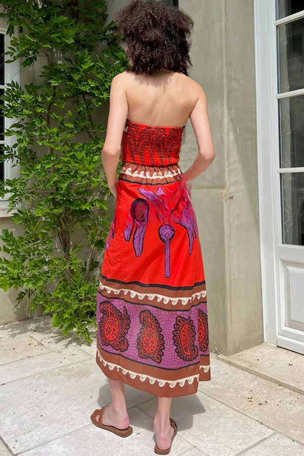 Botanical Print Stretchy Tube Top High Waist Slit Maxi Dress