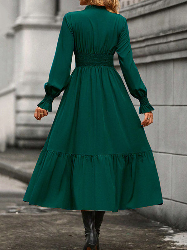 A-line Flared Sleeves Elasticity Pleated Color V-neck Midi Dresses