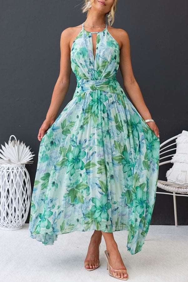 Aqua Print Halter Cutout Neck Pleated Maxi Dress