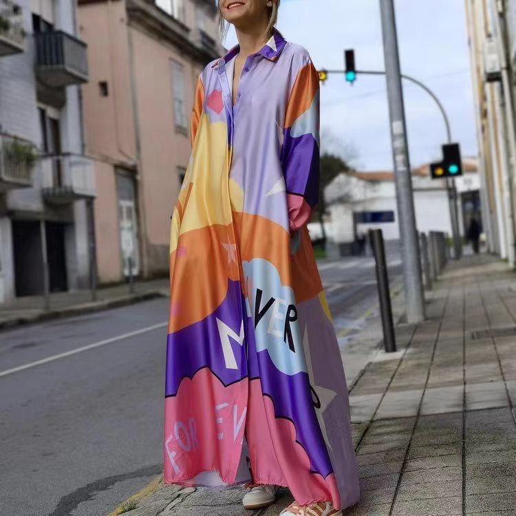 New Long Sleeve Printed Shirt Long Dress Positioning Flower