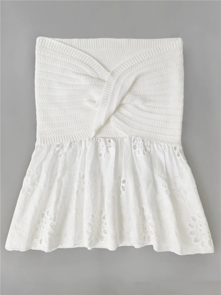 White Tube Top Knit Twist Crop Top Lace Mesh Strapless Corset Top Korean Chiffon Blouse