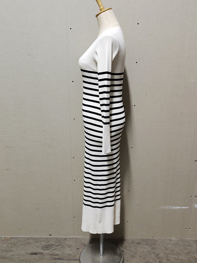 Long Sleeves Stripes Knitted V Neck Maxi Dress