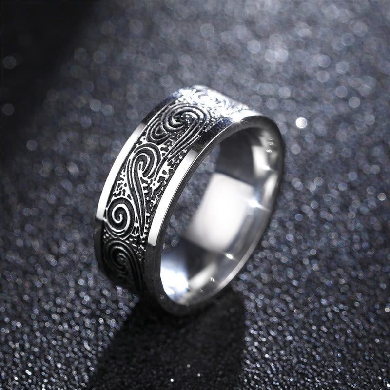 Buddha Stones Wave Auspicious Clouds Engraved Pattern Titanium Steel Balance Ring