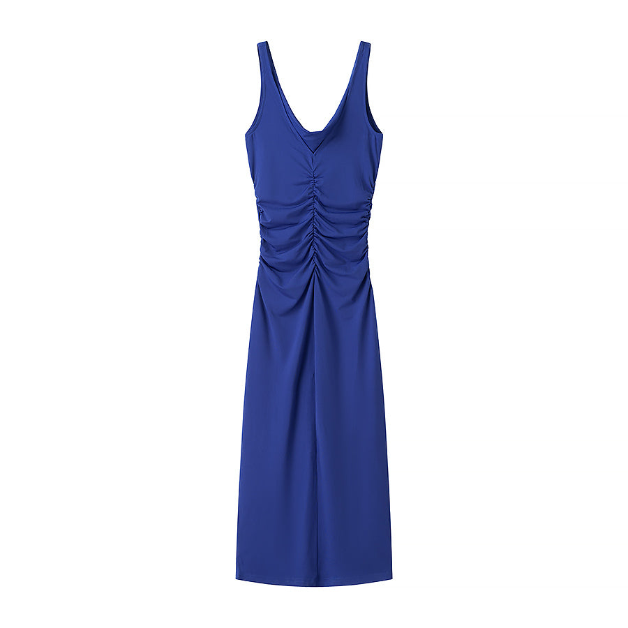 Spring Summer Clothing Fashionable Pleated Decorative Sleeveless Midi Dress
