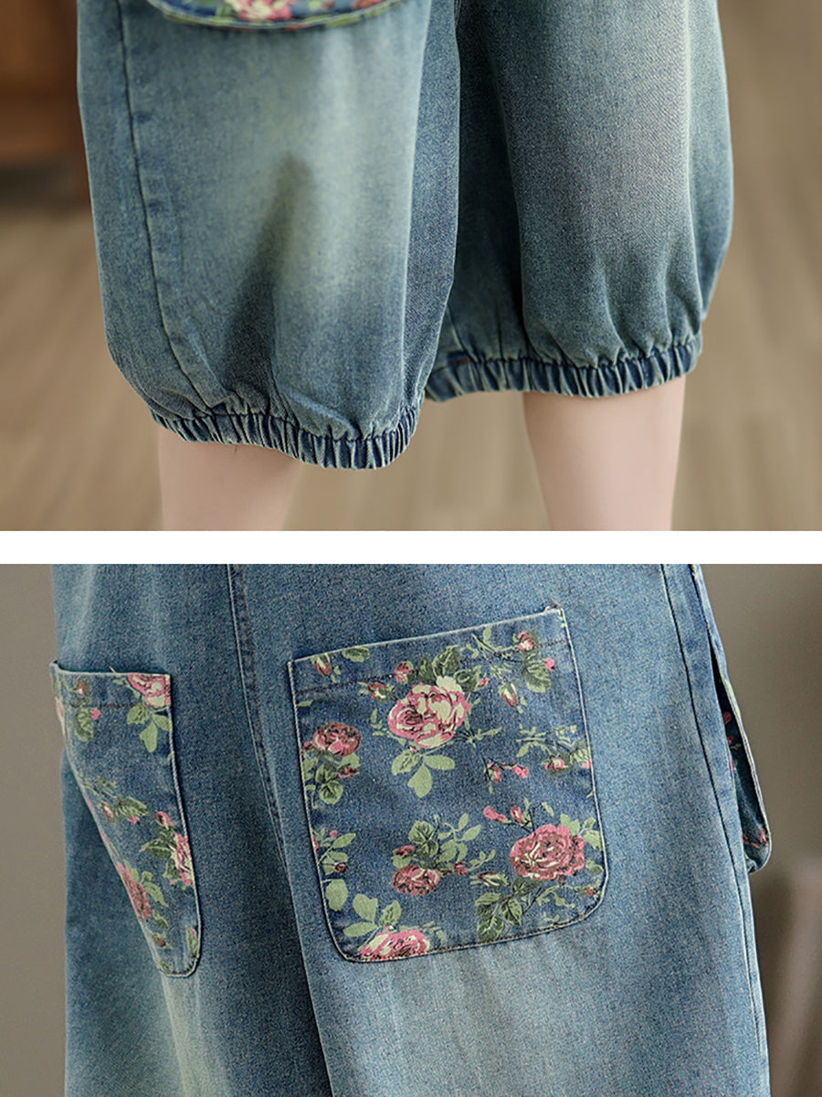 Summer Retro Flower Spliced Denim Jumpsuits Zz1021