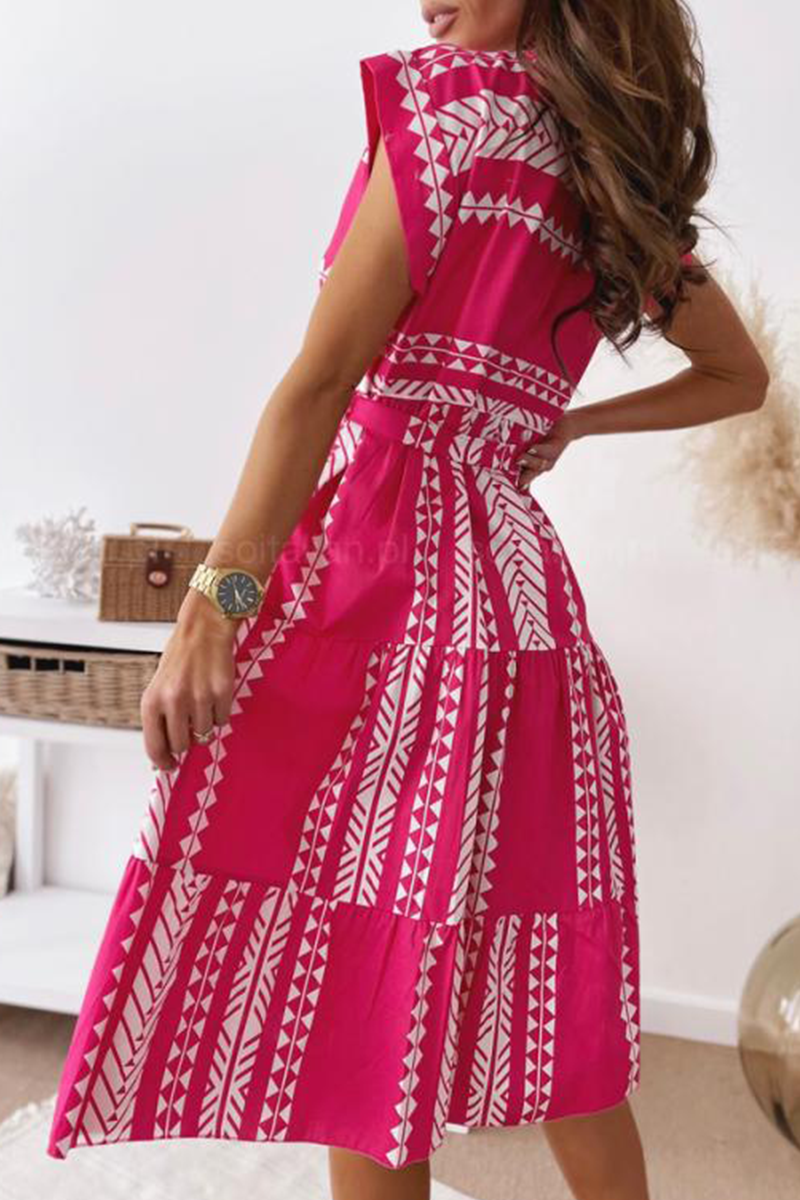 Print O Neck Waist Skirt Dresses(3 Colors)