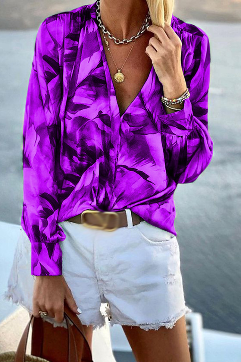 Print Patchwork Turndown Collar Blouses (4 Colors)