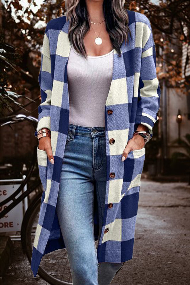 Street Plaid Striped Pocket Cardigan Collar Outerwear(4 Colors)