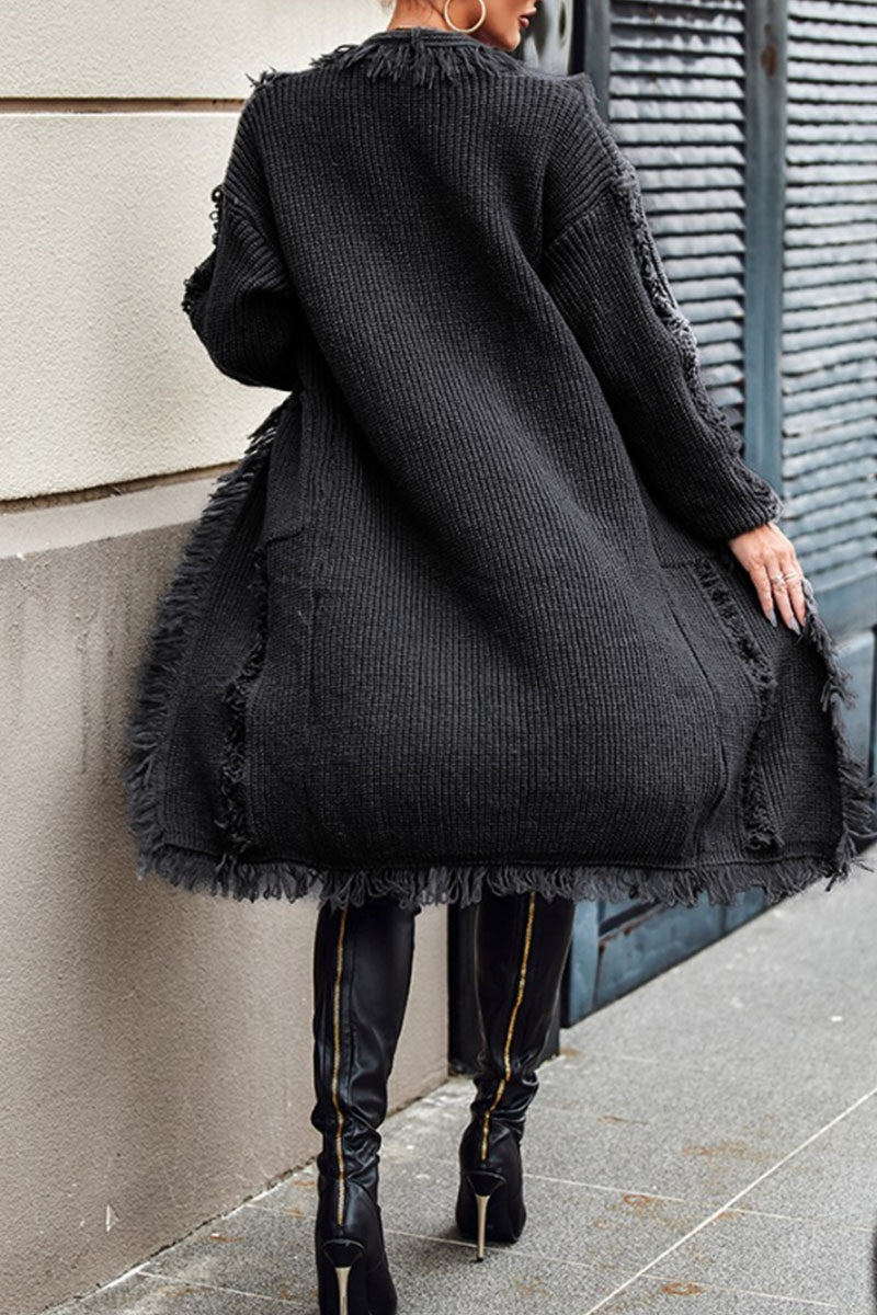 Tassel Patchwork Pocket Cardigan Collar Outerwear Ye9859