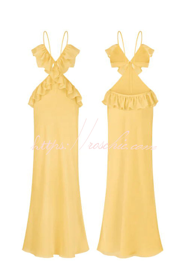 Date Night Satin Chiffon Ruffle Trim Removable Slip Maxi Dress