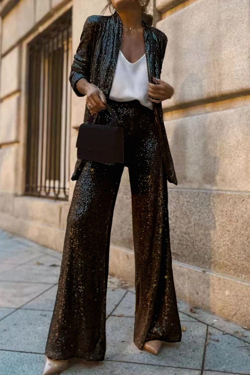 Street Sequins Cardigan Collar Long Sleeve Two Pieces Rh8516