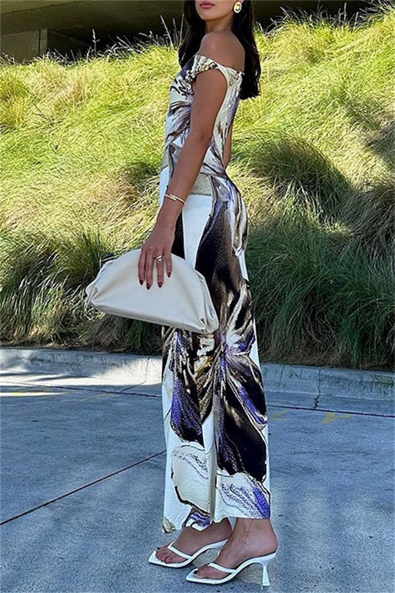 Print Basic Oblique Collar Long Dresses