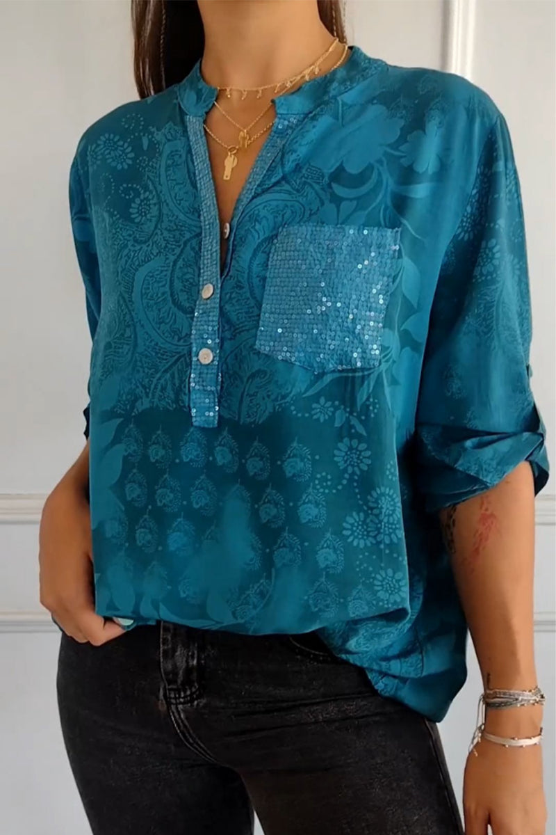 Pocket Contrast Mandarin Collar Blouses(10 Colors)
