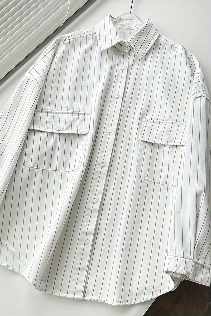 Striped Print Pocket Turndown Collar Blouses