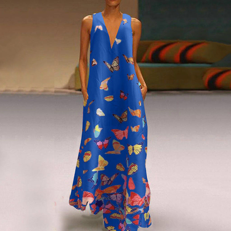 Summer Butterfly Print Beach Dress V-neck Sleeveless Maxi Dress Clothing