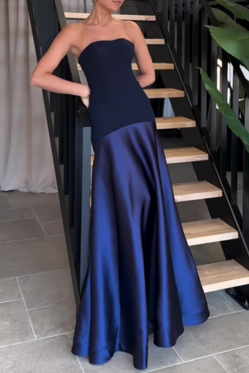 Formal Patchwork Backless Contrast Strapless Long Dresses