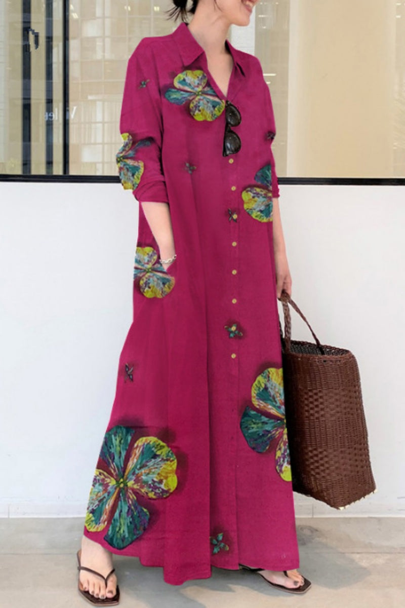 Print Basic Shirt Collar Long Dresses(4 Colors)