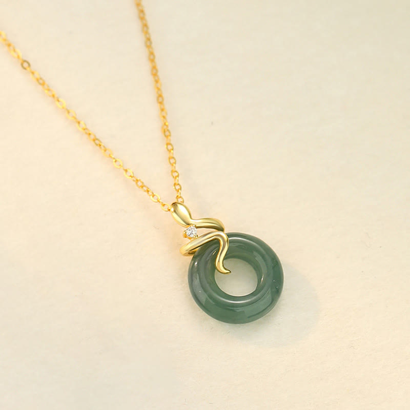 Buddha Stones 925 Sterling Silver 18k Gold Jade Peace Buckle Spirit Snake Peace Necklace Pendant