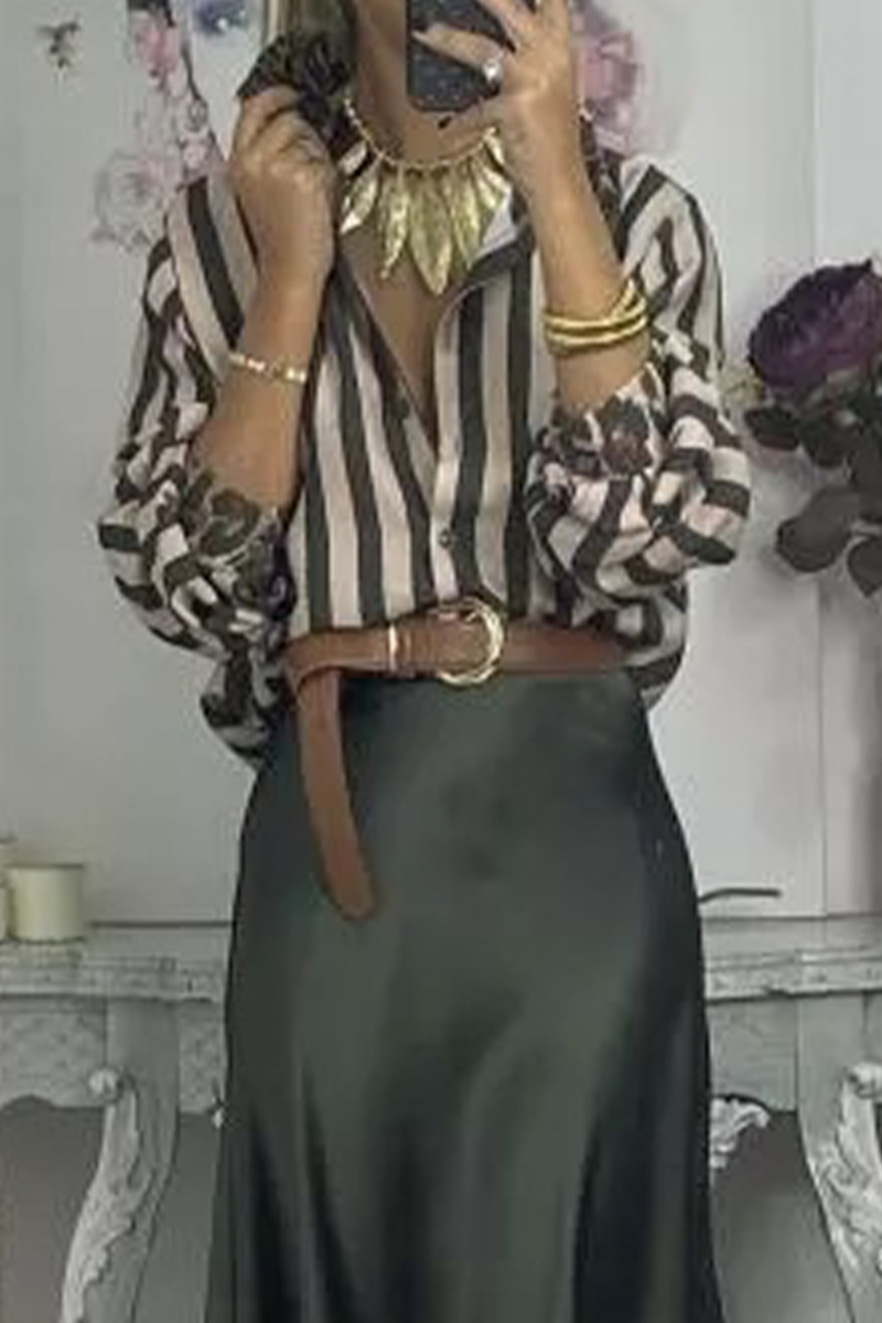 Stripe Leopard Patchwork Contrast Shirt Collar Blouses