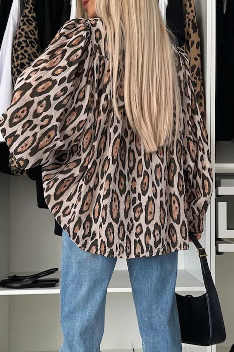 Leopard Buttons Ruched O Neck Blouses