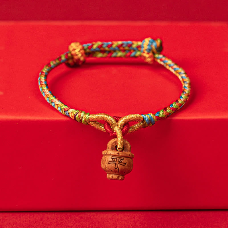 Buddha Stones Peach Wood Fu Character Safe and Well Wealth Bracelet