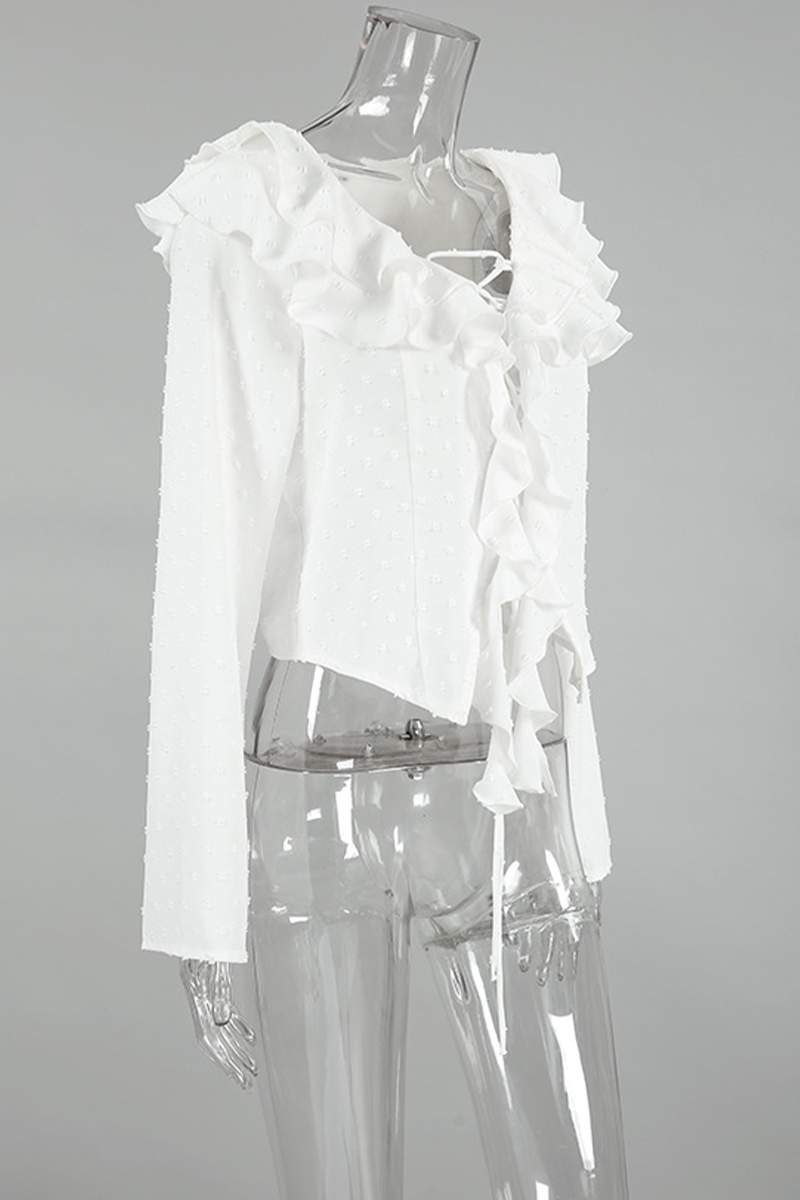 Daily Lace Up Ruffle Fur Ball Lotus Leaf Collar Blouses