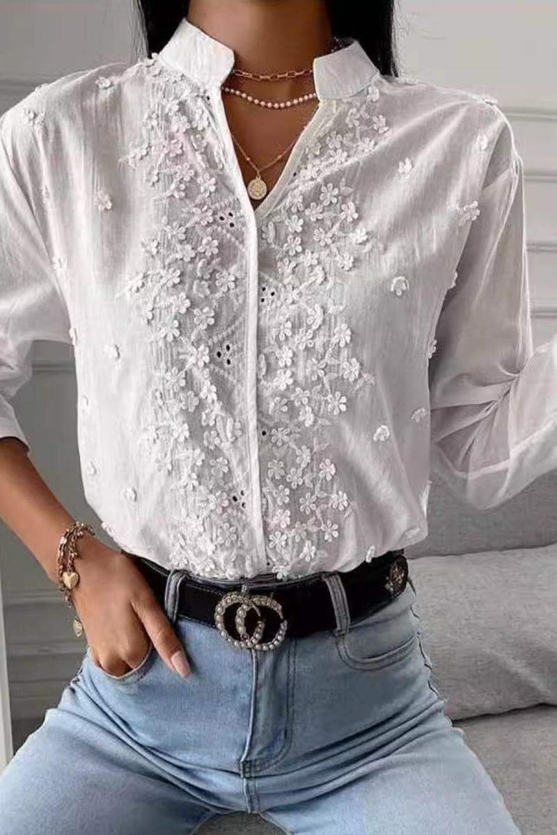 Daily Embroidered Hollow Out V Neck Blouses