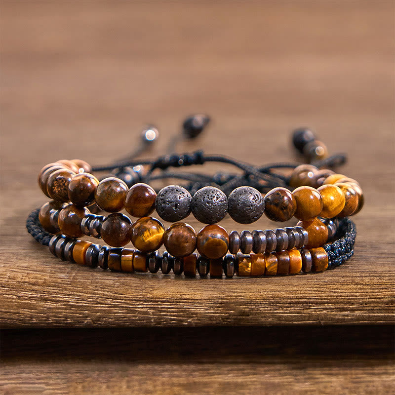 Buddha Stones 3pcs Tiger Eye Lava Rock Protection Bracelet Set
