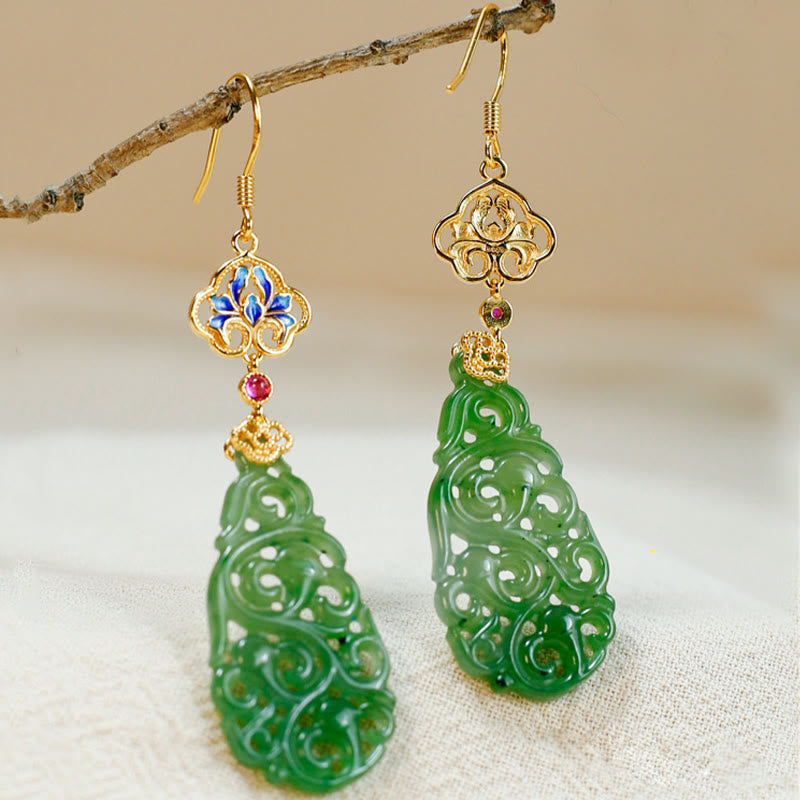 Buddha Stones Hollow Hetian Jade Enamel 925 Sterling Silver Prosperity Earrings