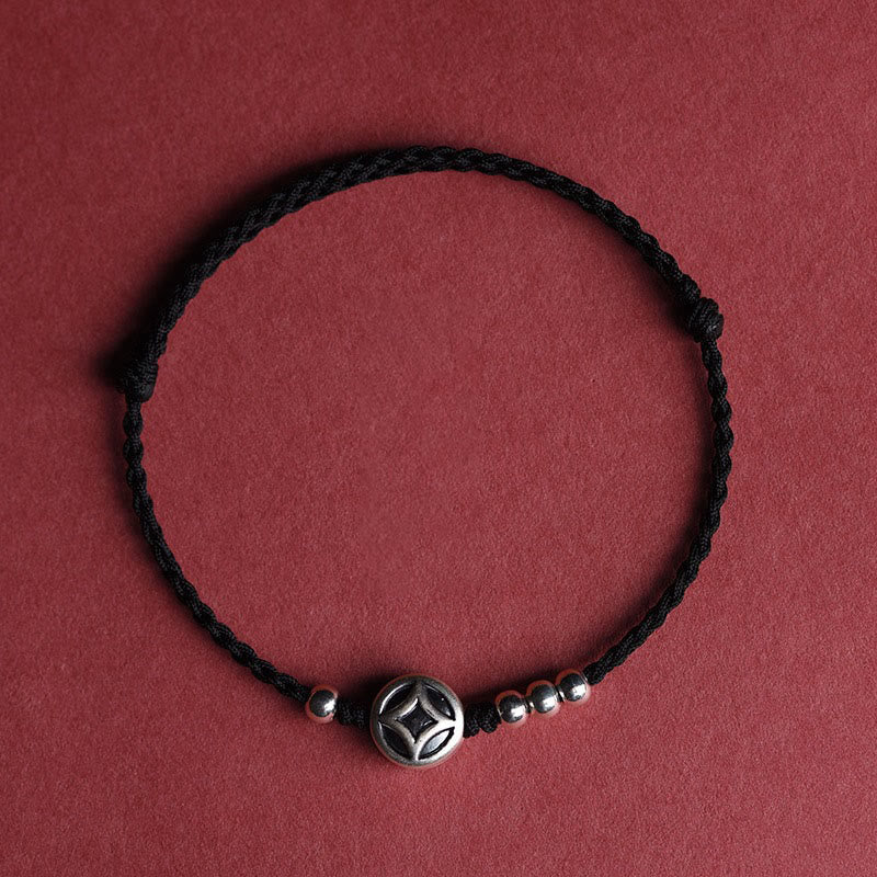 Buddha Stones 999 Sterling Silver Copper Coin Charm Handmade String Strength Bracelet Anklet