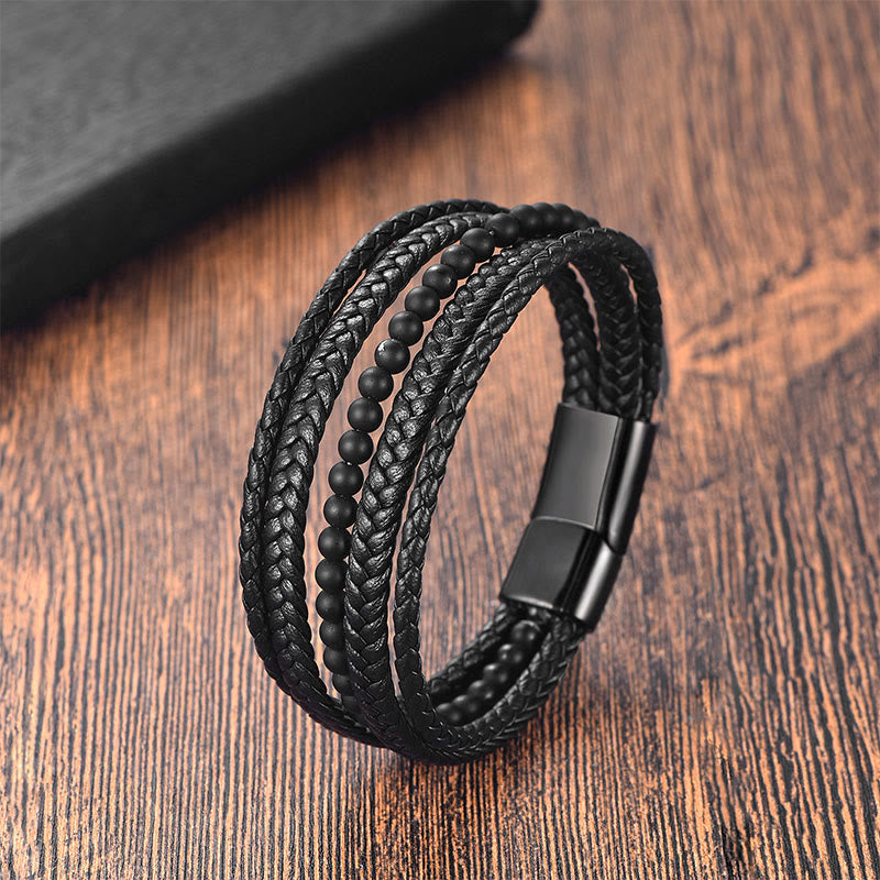 Buddha Stones Matte Frosting Black Onyx Leather Fortune Multilayered Braided Bracelet