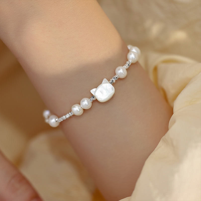 Buddha Stones Pearl Cat Head Tridacna Stone Silver Chain Healing Bracelet