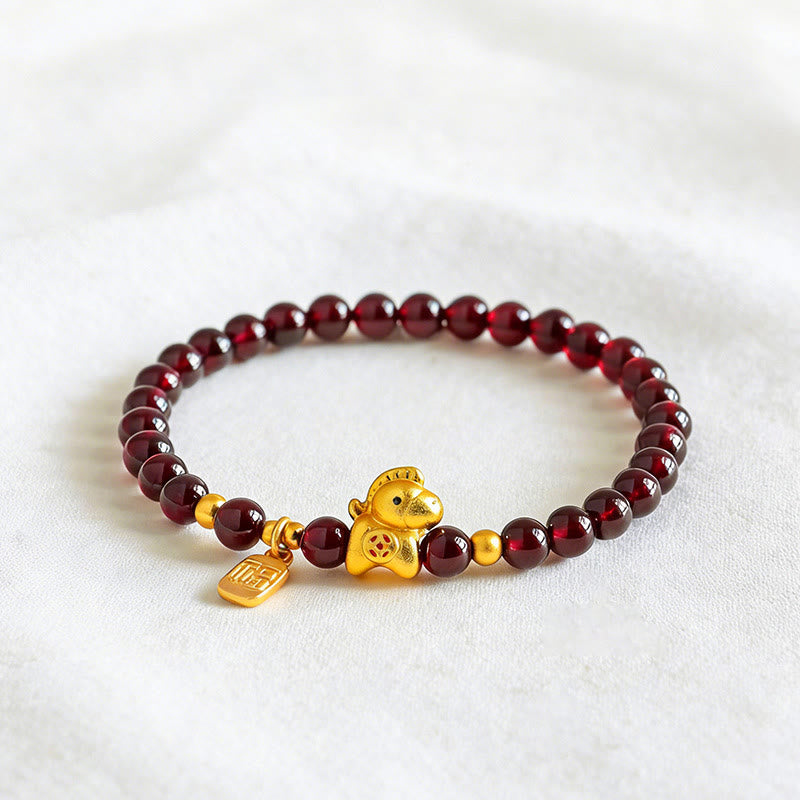 Buddha Stones Year of the Horse Garnet Fu Character Protection Bracelet