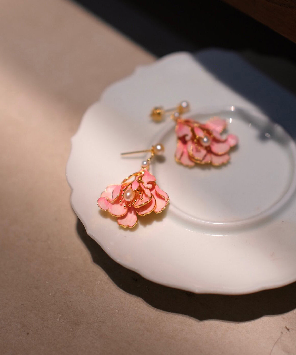 Pink Alloy Pearl Enamel Jade Orchid Drop Earrings