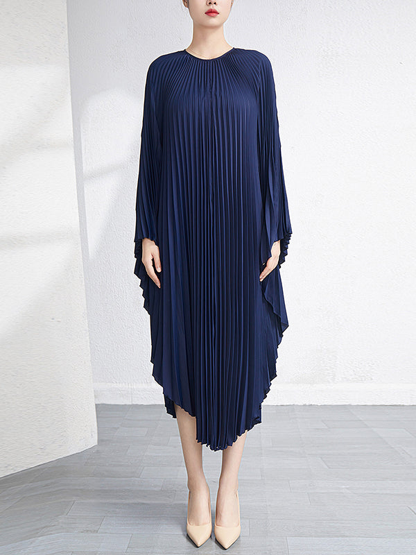 Batwing Sleeves Loose Pleated Color Maxi Dresses