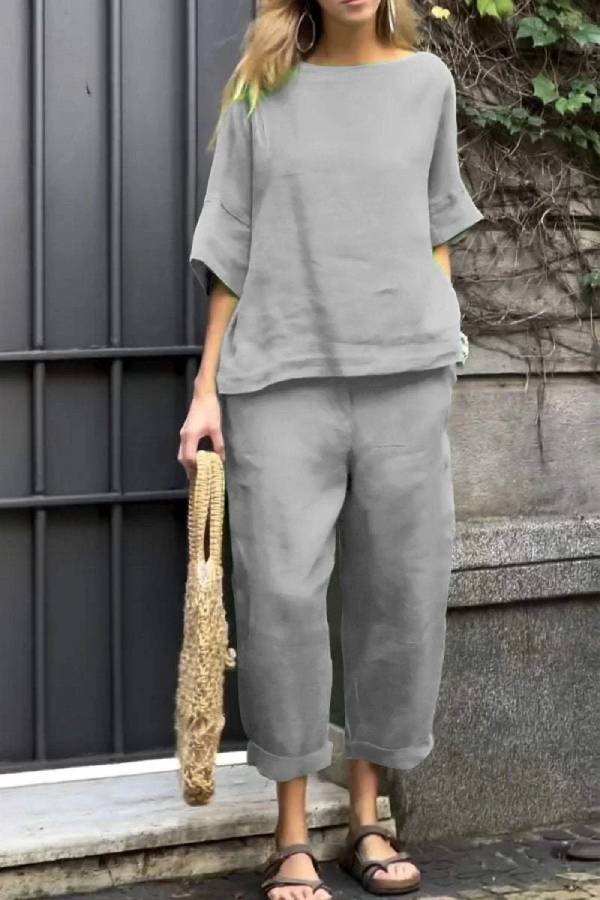 Color Crewneck Top \u0026 Pants Cotton Linen Two-piece Set