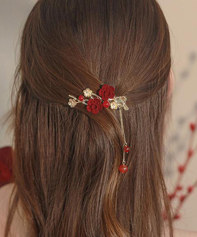 Red Copper Alloy Plum Blossom Tassel Hairpin