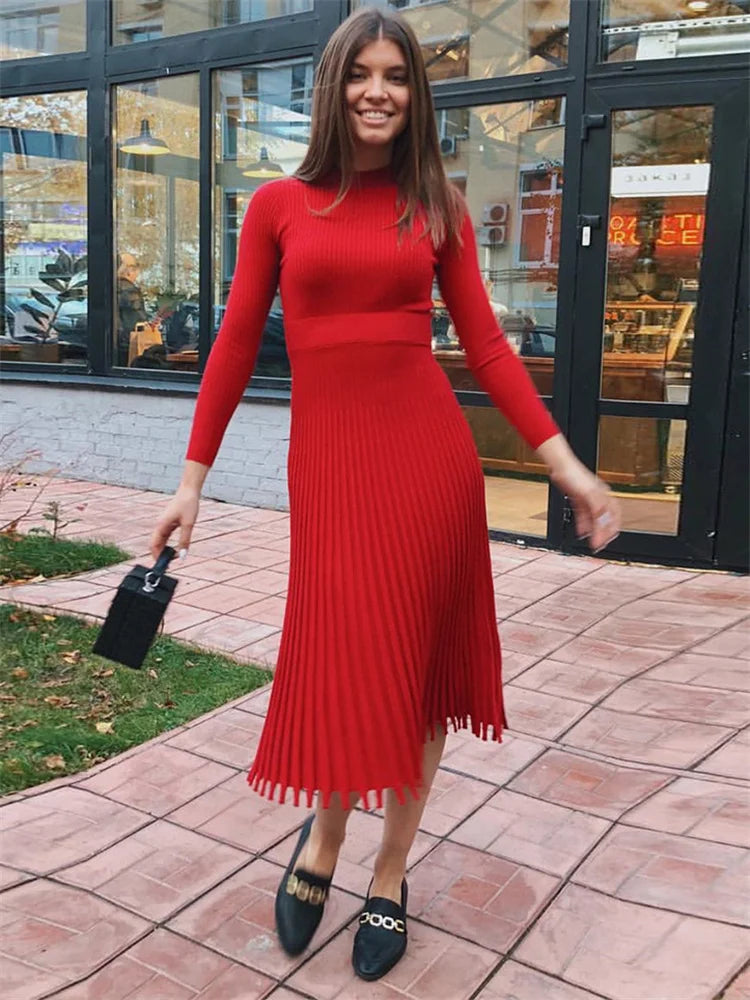 Ribbed Pleated Knit Dress Loose Patchwork Long Sleeve Dress High Waist Knitwear Female Autumn Maxi Dress New