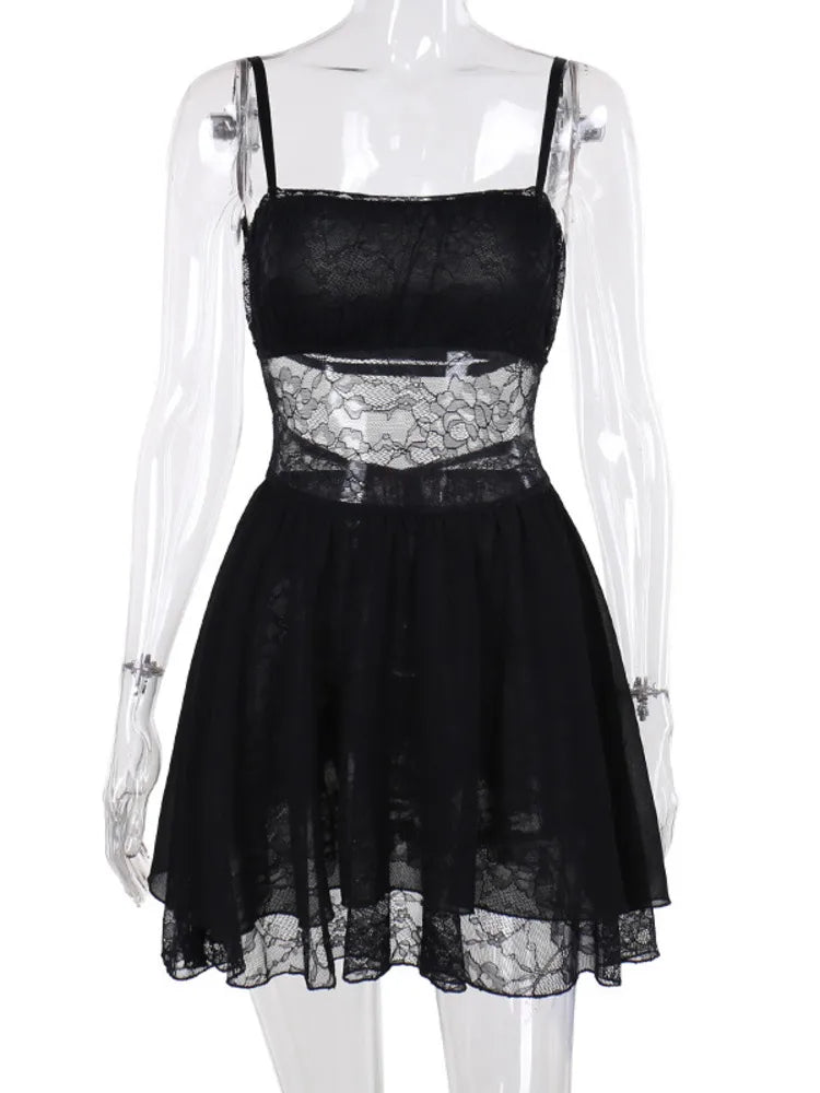Lace See Through Backless Mini Dress for Spaghetti Strap Sleeveless A-line Loose Dress Party Outfits