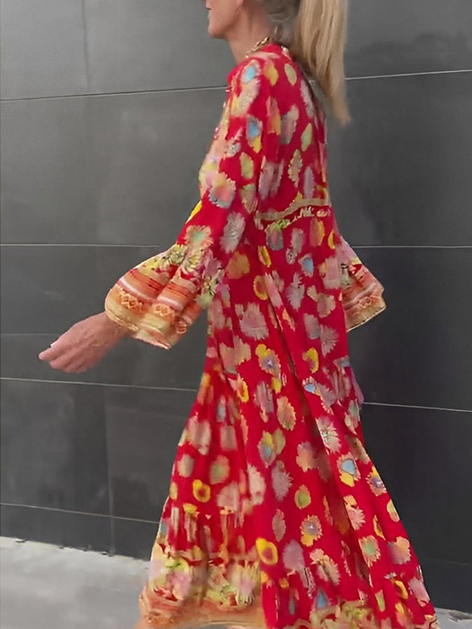 Red Printed Long Sleeves Maxi Dress
