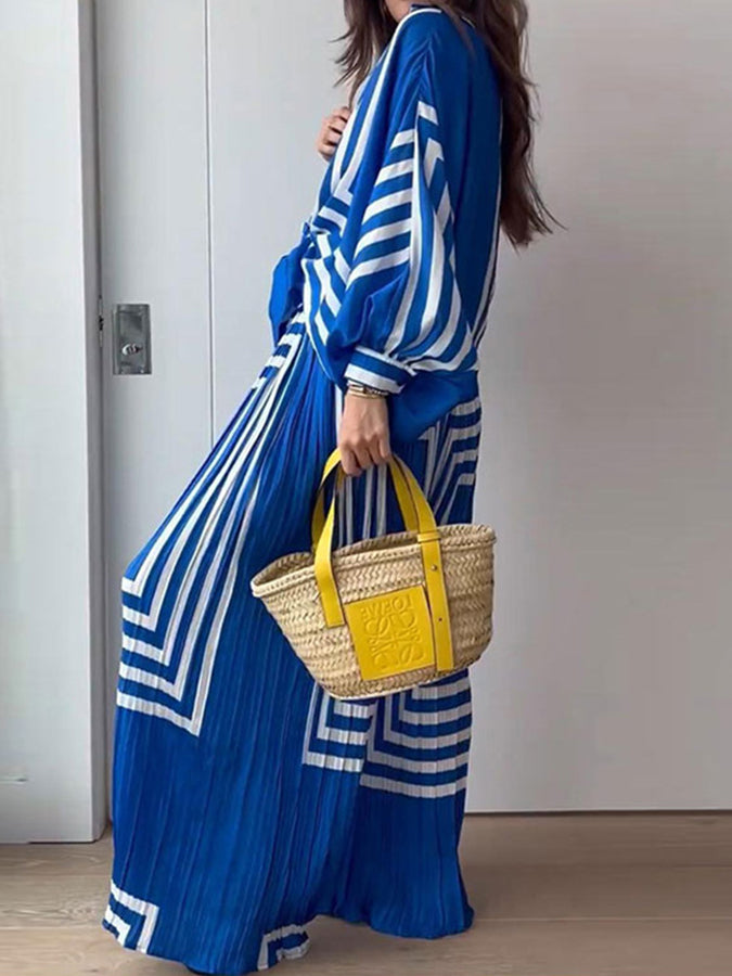 Long Sleeves Striped Blouse& Pleated Wide- Leg Pants Set