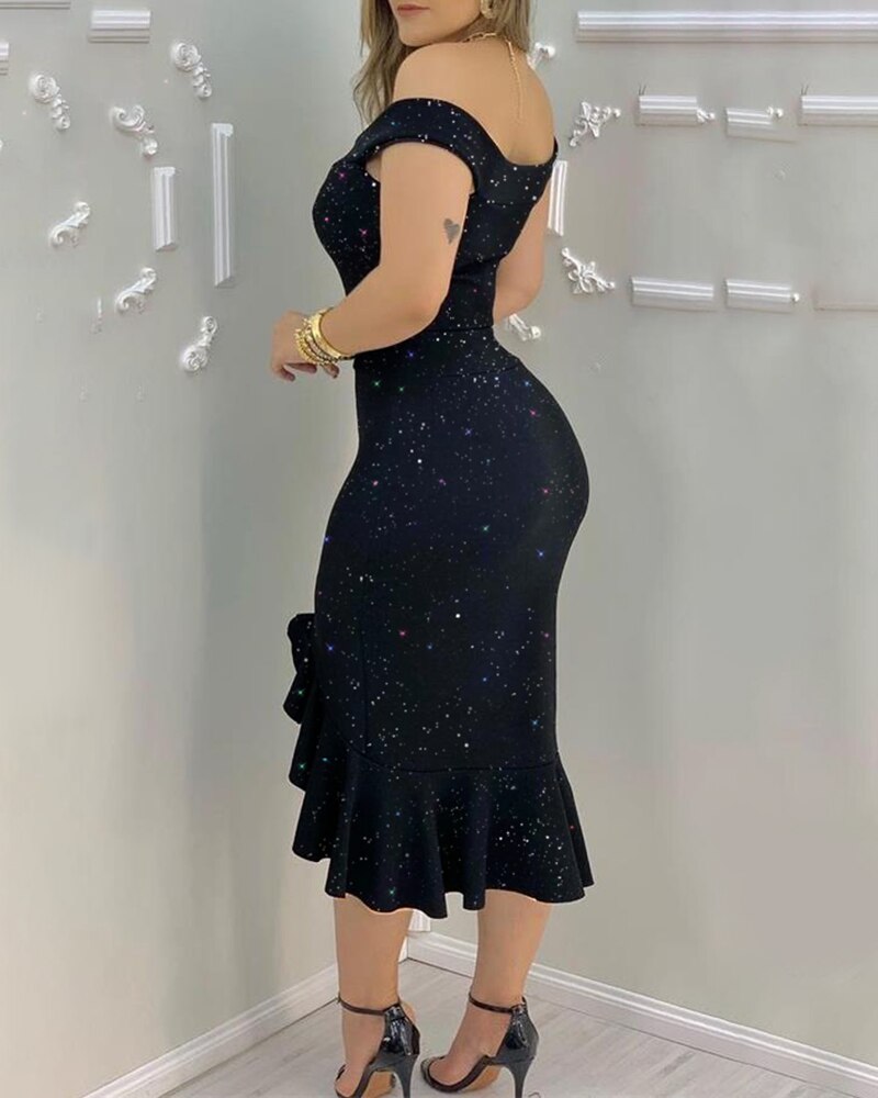 Glitter Off-shoulder Ruffles Slit Midi Dress Party Dress